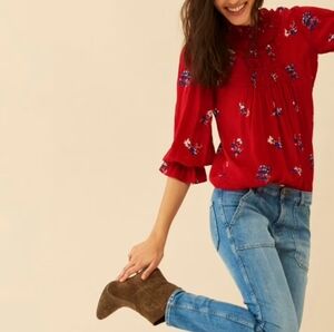 Ba&sh Cluny High Neck Smocked Floral Print Blouse In Red, XS/4, Romantic Boho